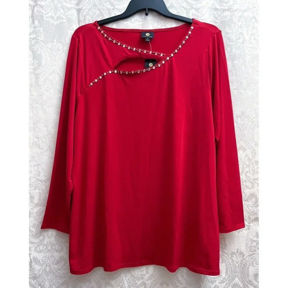 JM Collection Women’s NWT Embellished Cutout Top In Red Plus Size 3X Jeweled New - Picture 2 of 7